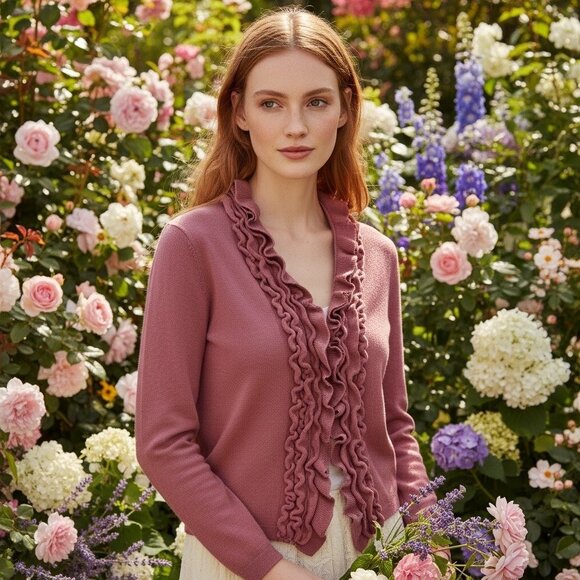 Garnet Hill Sweaters - Garnet Hill Dusty Rose Merino Wool Ruffle Cardigan Sweater Size XS